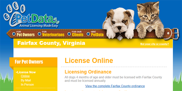 PetData website for Fairfax County dog licensing services