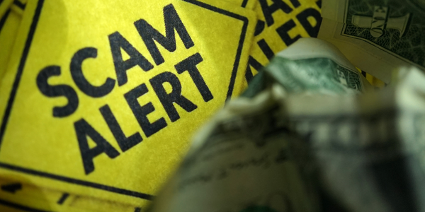 image stating scam alert in black text on yellow canvas; dollar bills nearby