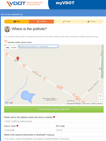 screenshot of reporting a pothole to vdot