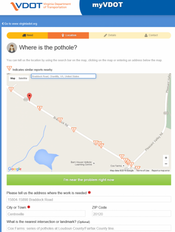 Captura de pantalla de la denuncia de baches a VDOT