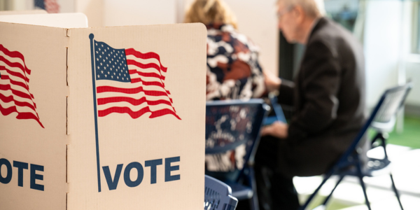 People vote behind voting dividers that have a graphic of the American flag and the text "VOTE."