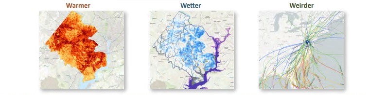 three maps that show 1.) warmer temperatures across the county 2.) wetter conditions across the county 3.) weirder weather patterns across the county and east coast