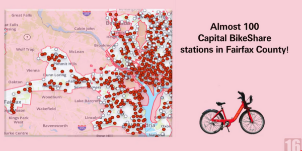 Map of almost 100 capital BikeShare stations in Fairfax County.