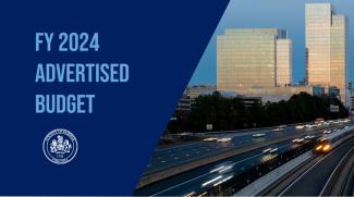 Graphic stating FY 2024 Advertised Budget with an image of buildings and the Silver Line