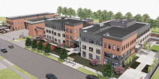 Architectural rendering of a modern multi‑building complex with three‑ and four‑story brick and glass structures, tree‑lined sidewalks, landscaped green areas, and adjacent streets with parked cars. The buildings feature flat roofs, large windows, and outdoor gathering spaces, surrounded by trees and walkways.