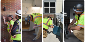 Four-panel collage of a building inspector in a hard hat and bright safety vest examining different parts of a construction project: checking an exterior brick wall fixture with another worker, inspecting plumbing under a kitchen sink, kneeling to look inside an outdoor appliance or cabinet, and crouching beside metal equipment on a patio or exterior area.