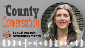 “The County Conversation” title featuring Sexual Assault Awareness Month, with stylized text, Fairfax County logo with headphones, audio wave graphics, with employee Victoria Nevel-Babla