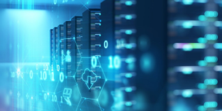 A row of server racks in a data center with a blue digital overlay showing binary code, network icons, and cloud symbols, representing data processing and cloud computing technology.