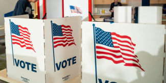 “Voting booths with American flags and the word ‘VOTE’ printed on privacy dividers inside a polling place.”