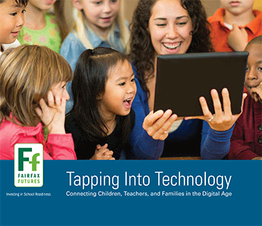 Tapping Into Technology Booklet Cover; image of children with adult holding and looking at digital device; Fairfax Futures logo