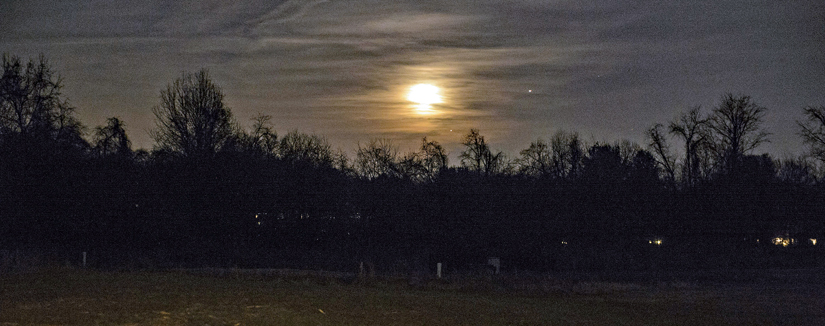 The moon rises in a dark sky with scattered stars