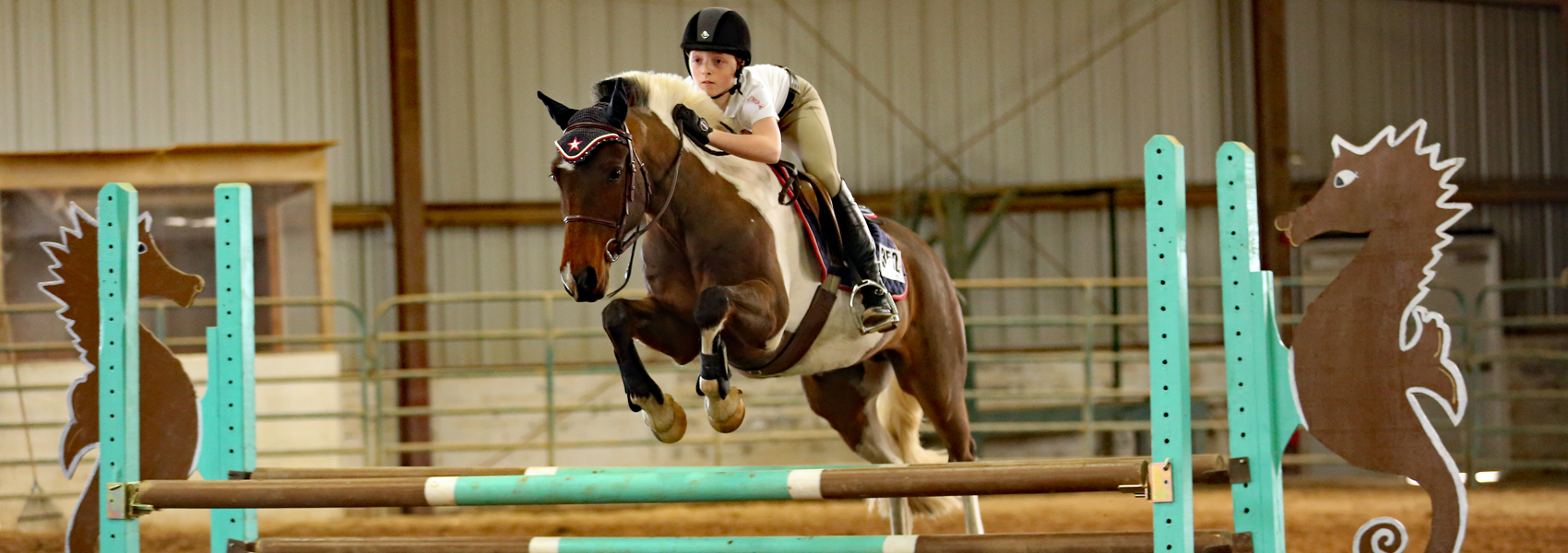 Rider and horse jump an obstacle in the riding arena