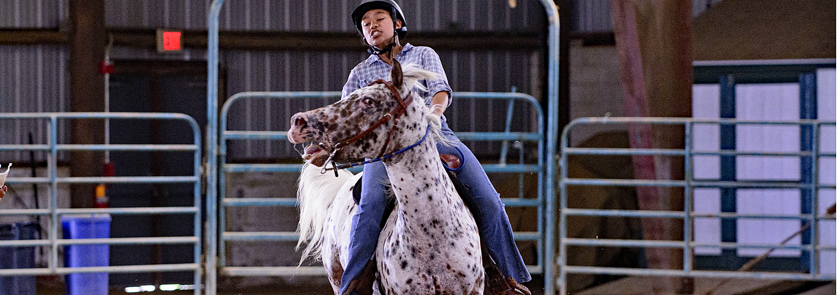 Horse rider pulls up on reins for sharp turn