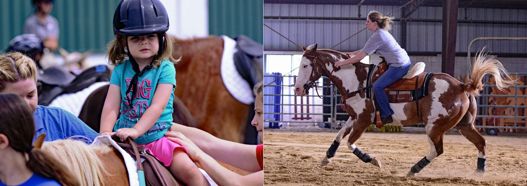 Young girl sits on horse, and running horse's tail flicks under the reins of a woman rider