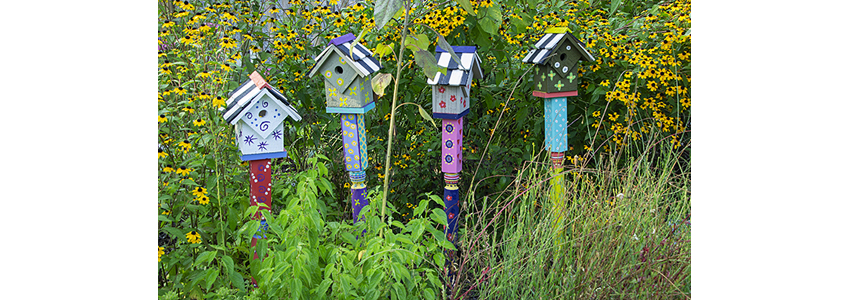 Decorated birdhouses in Green Spring's Children's Garden