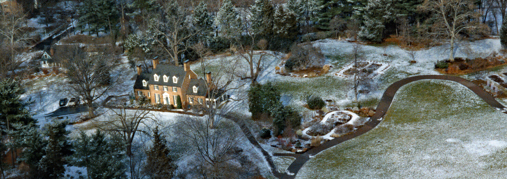 An aerial view of Green Spring Gardens on a winter night