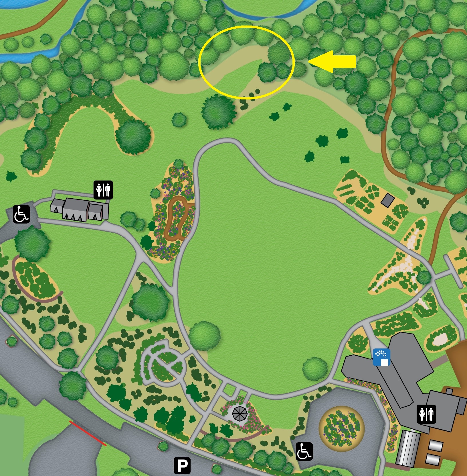 a map depicting the location of the moon gate garden project with a yellow circle