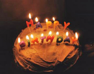 A birthday cake with lit candles