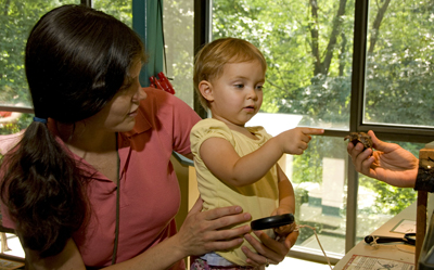 A child looks at a turtle inside the nature center