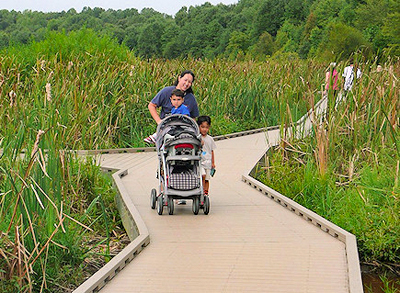 a woman and children in a stroller using the boardwalk trail at Huntley Meadows Park