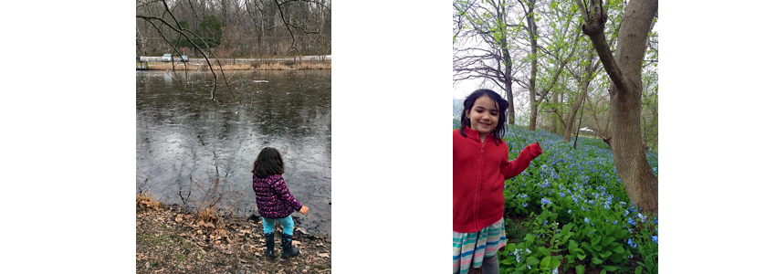 A child looks at a frozen river. Another child poses near blooming bluebells. 