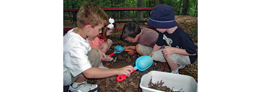 Children digging in dirt and mulch