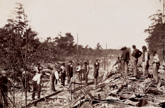 Repairing the O & A Railroad near Catlett's Station Virginia. (Courtesy of The Medford Historical Society & Museum)