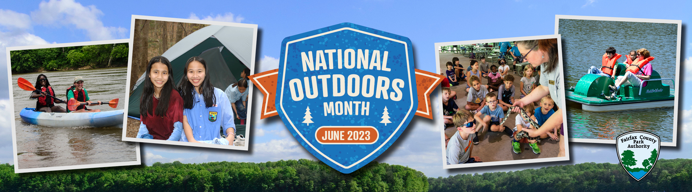 National Great Outdoors Month banner with images of people recreating outdoors