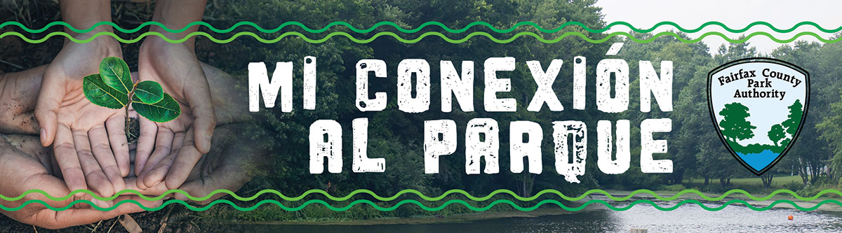 a banner image of a beautiful blue lake surrounded by forest with the words mi conexion al parque