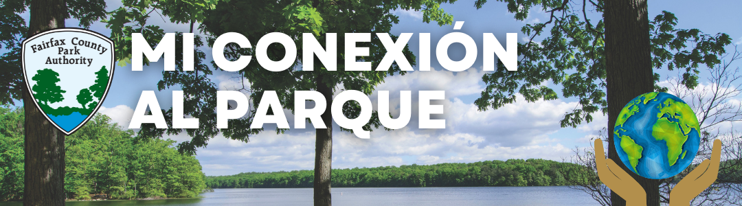 a banner image of a beautiful blue lake surrounded by forest with the words mi conexion al parque