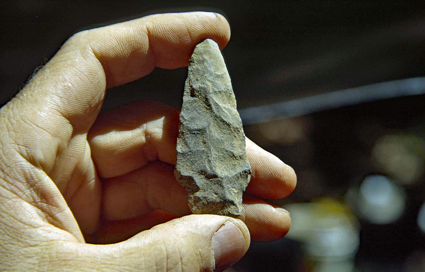A hand holds a Savannah River point arrowhead