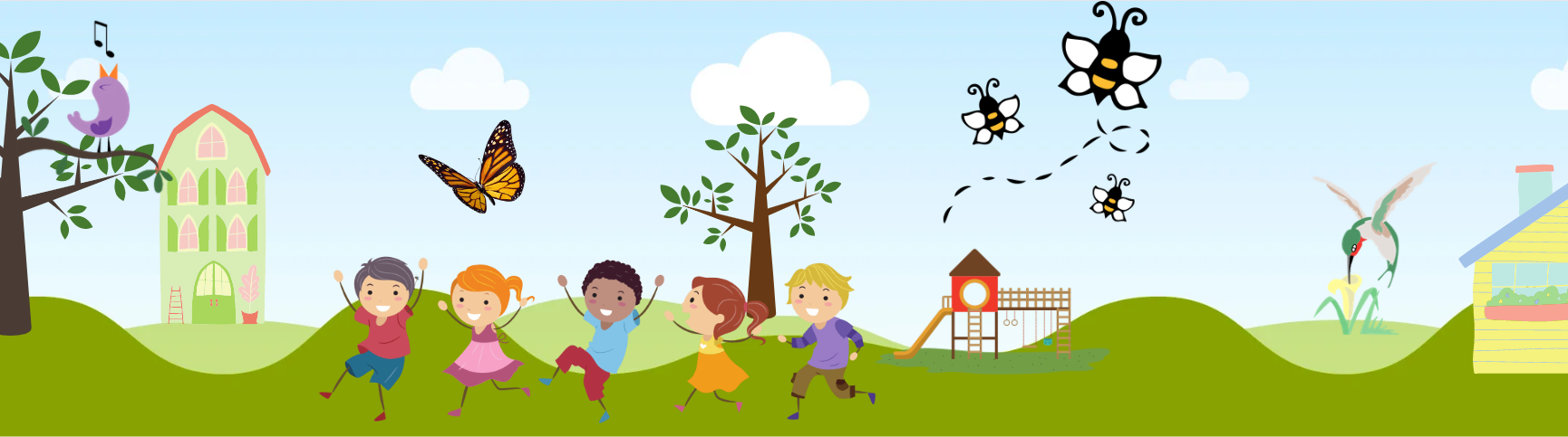 a cartoon of five children in a park with pollinators