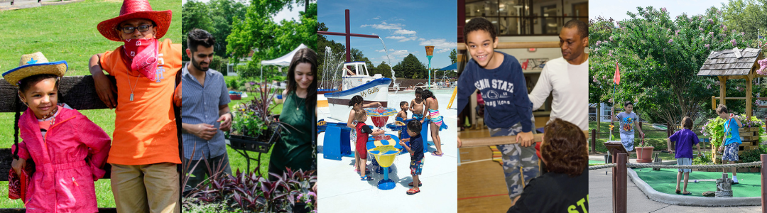 a collage of two kids at a birthday party, two adults at Green Spring Gardens, several kids at Lee District playing in the water feature, a kid and a parent with a staff members in a rec center, three kids playing mini golf