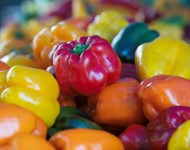 red, yellow, and orange bell peppers in a pile