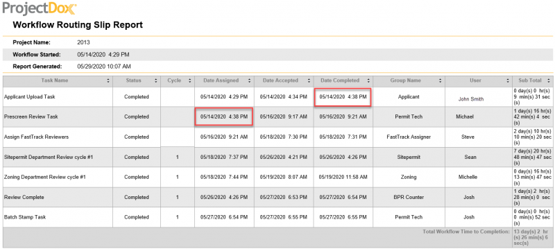 screen showing ProjectDox Workflow Routing Slip Report