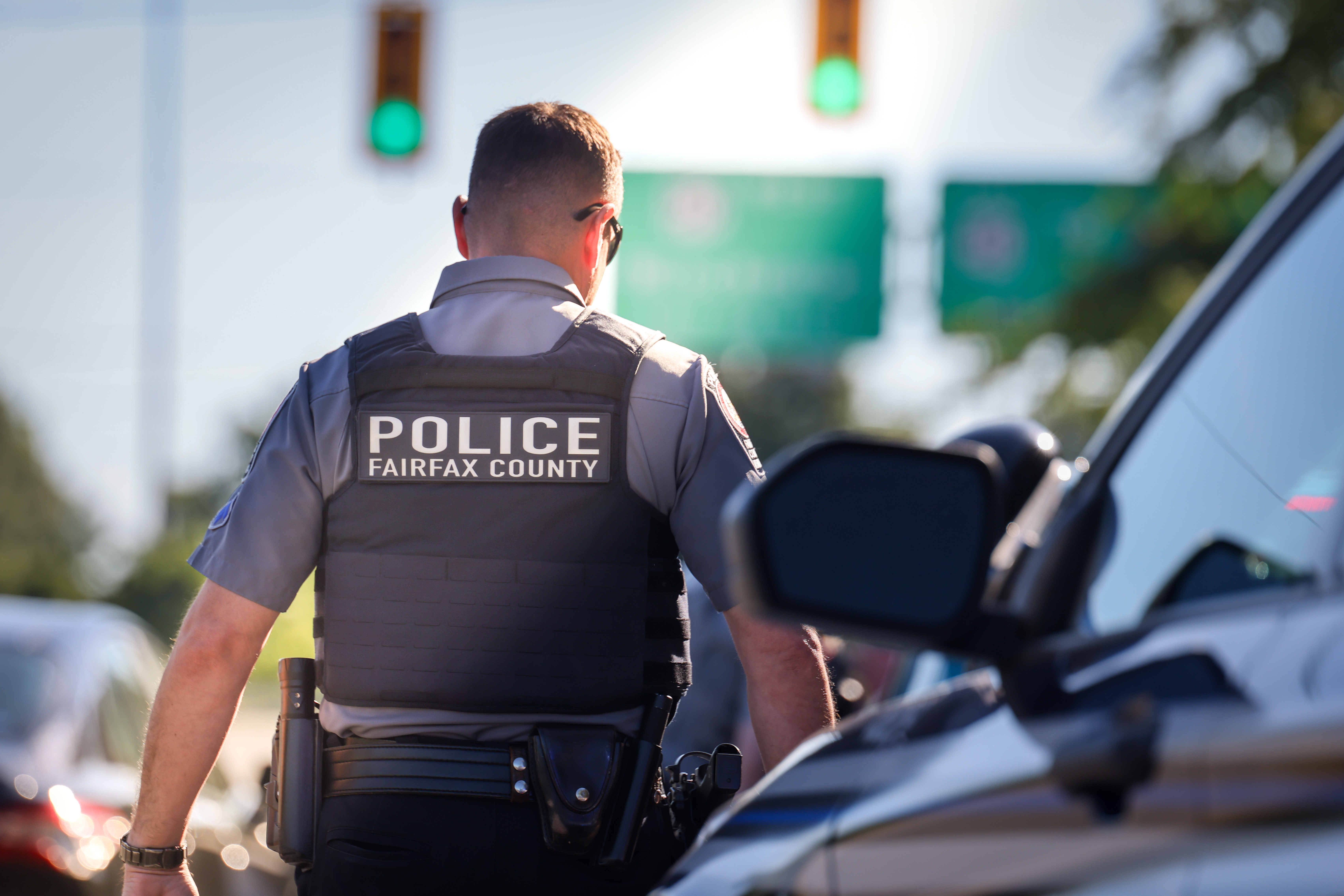FCPD officer at a roadway intersection conducting a traffic stop