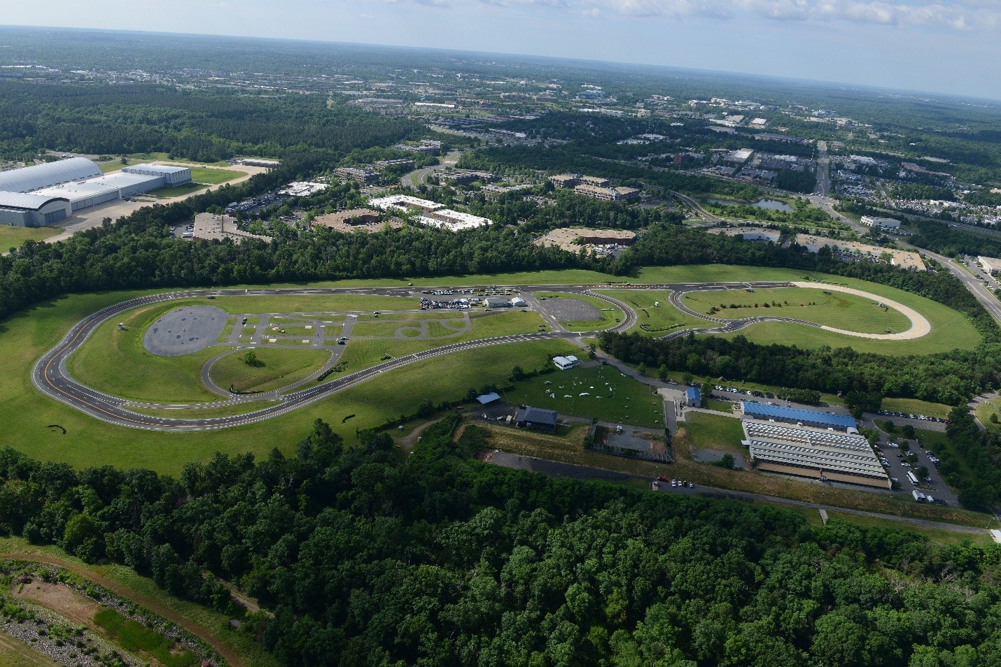 Aerial view of the FCCJA campus including the driving track