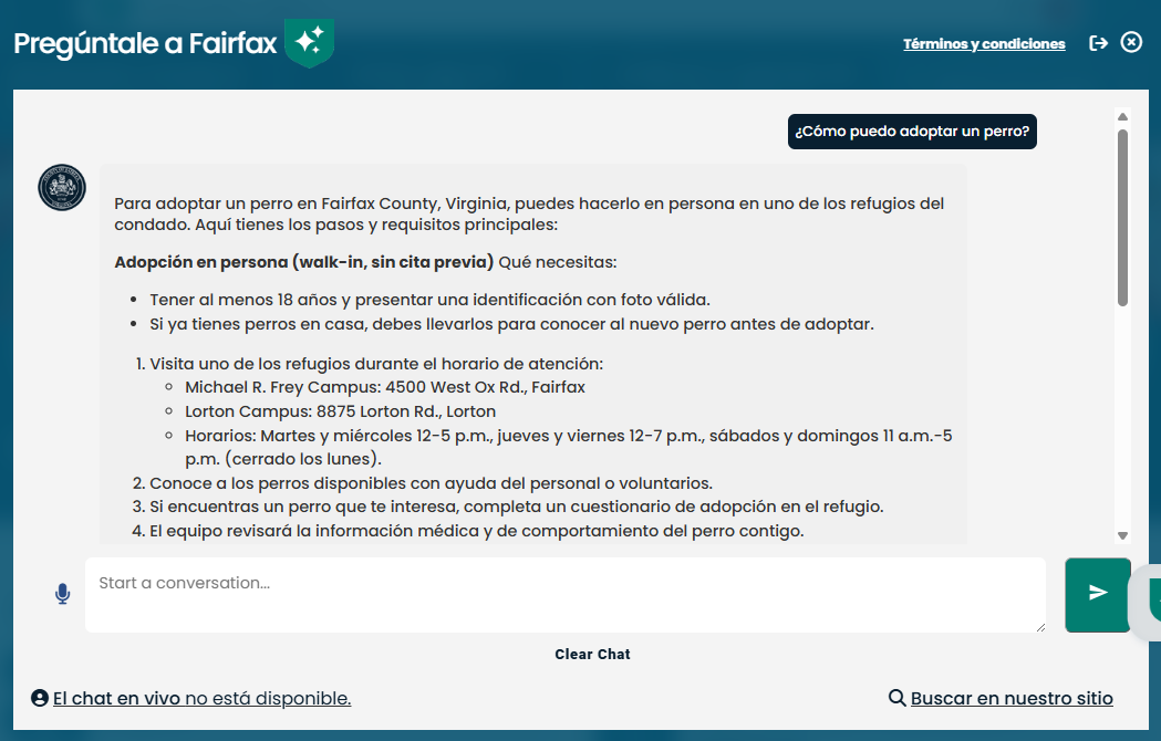 Ejemplo de Ask Fairfax Ejemplo de una conversación con Ask Fairfax