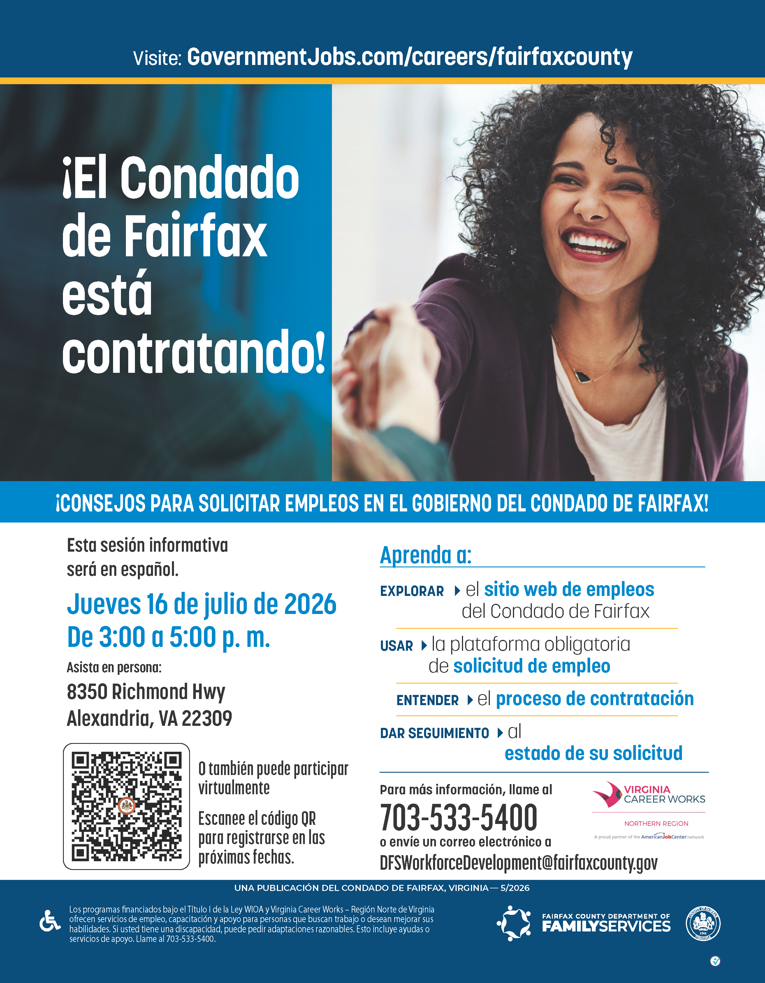 Evento presencial en español sobre cómo solicitar empleo en el Gobierno del Condado de Fairfax