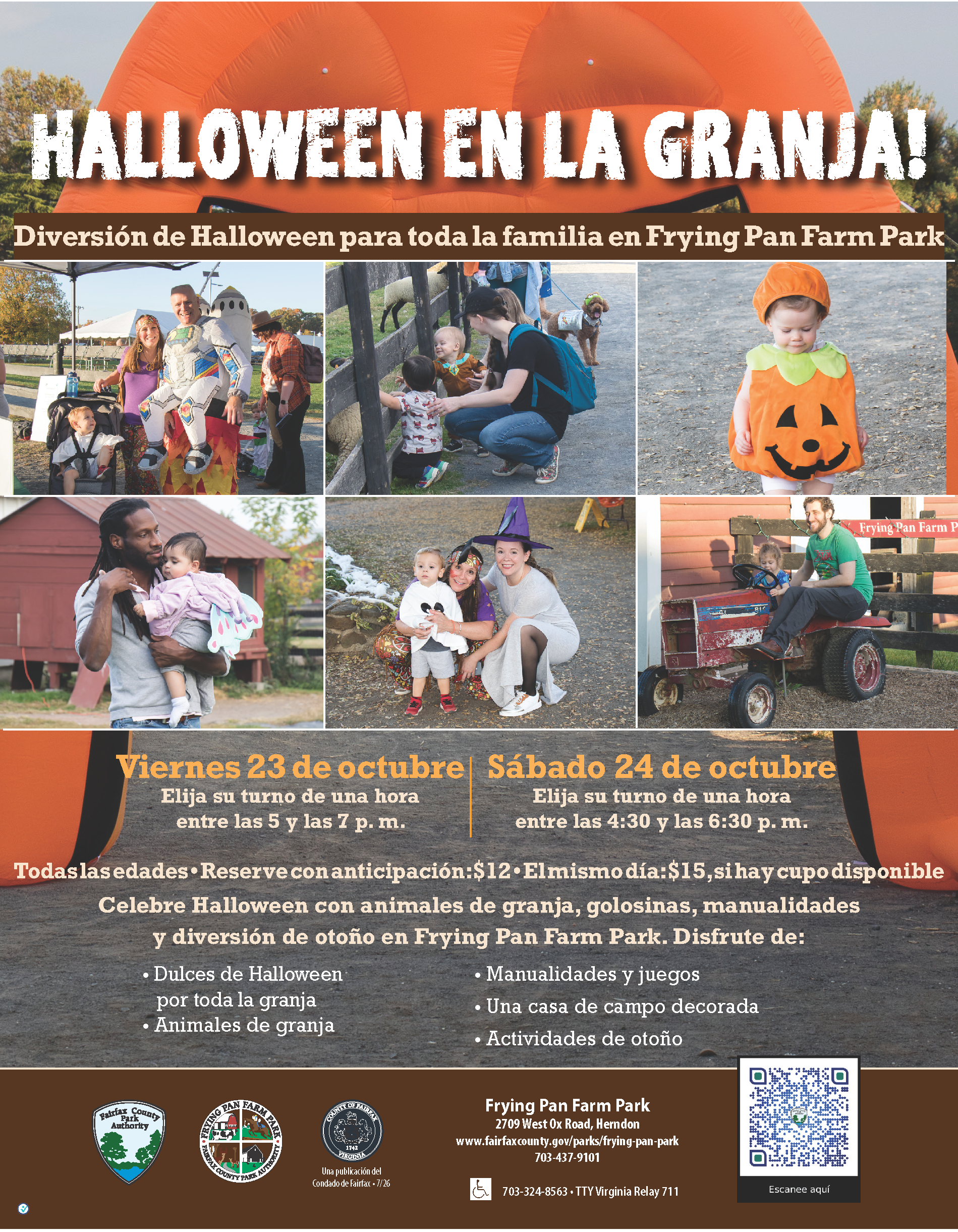 Niños y familias disfrazados participan en actividades de Halloween en Frying Pan Farm Park.