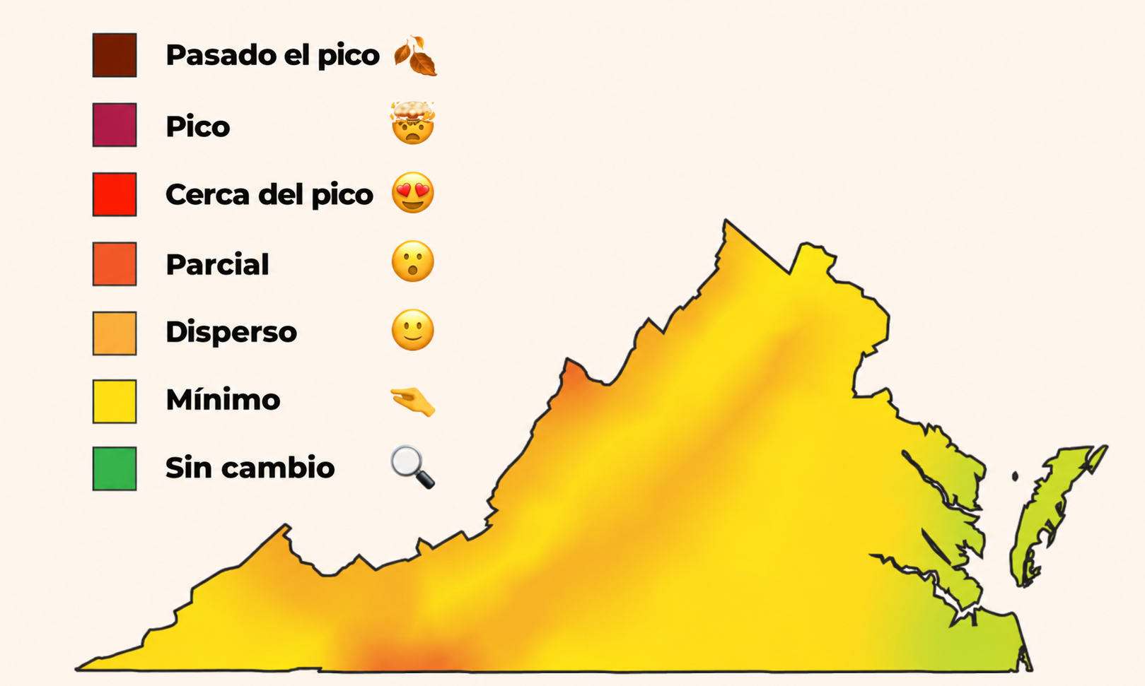 Mapa de Virginia que muestra el avance del follaje otoñal, desde cambios mínimos hasta el pico de color.