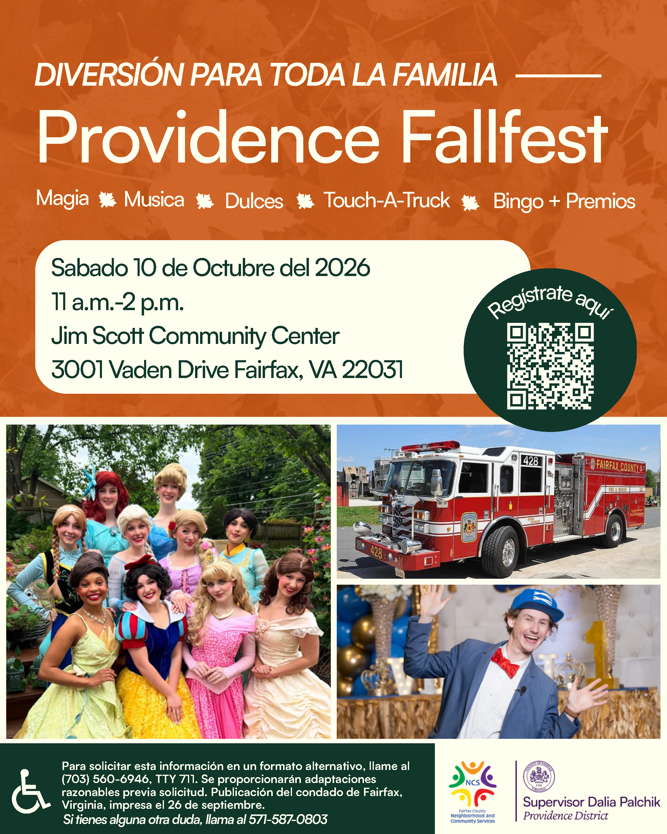Póster de Providence Fallfest con información sobre actividades familiares, música, dulces, camiones y premios.