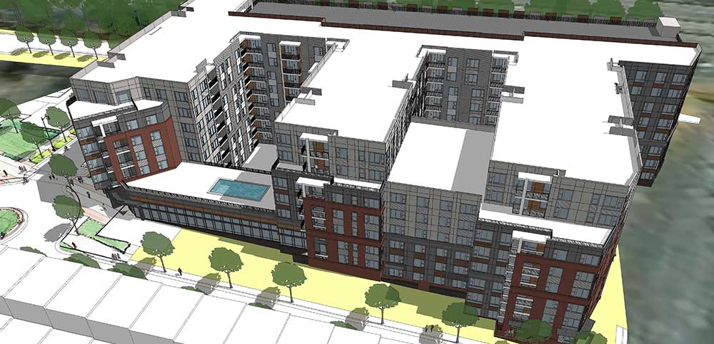 Architectural drawing of the future 7-story apartment building.