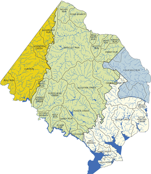 Map shows three distinct physiographic regions in Fairfax County. Descriptions are included in the third bullet under the heading 'FairFacts'