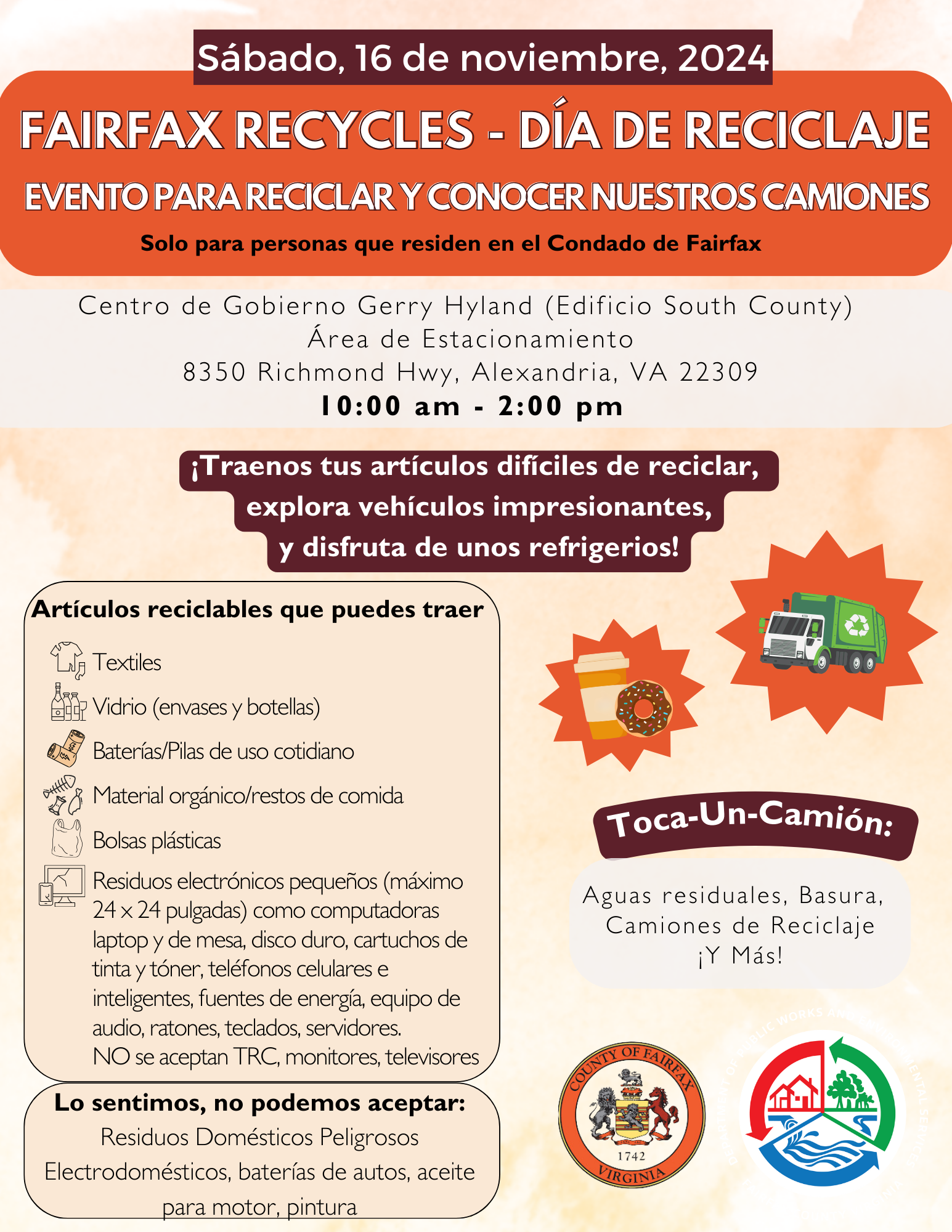 Folleto del evento del Día del Reciclaje de Fairfax 2024