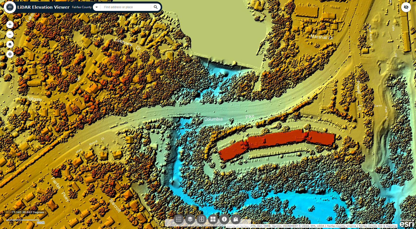 Hydrogen sulfide gas is released from wastewater as it tumbles downhill through pipes placed on steep slopes. Higher elevations are shown in red and orange on this LiDAR map of the Lake Barcroft Dam area.