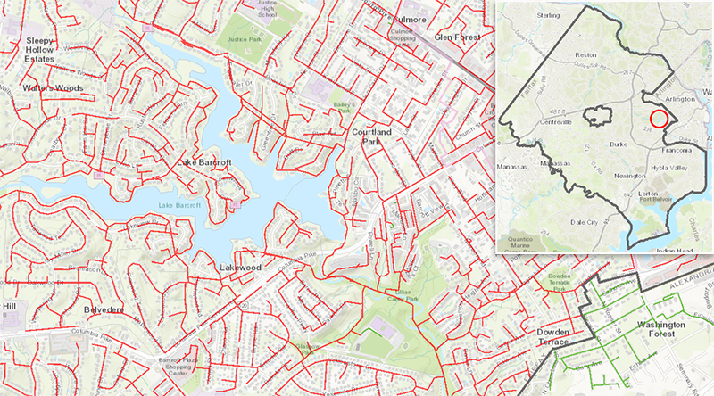 Red lines depict the location of the county’s sanitary sewer pipes in the Lake Barcroft area.