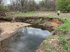 Photo - Channel incision and widening. Tree roots would typically help keep banks intact, however due to the lack of vegetation, water has been eroding this bank as it makes a sharp 90 degree turn. 