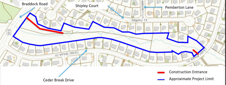 Map of Cedar Break Drive showing project limit in blue and construction entrance in red.