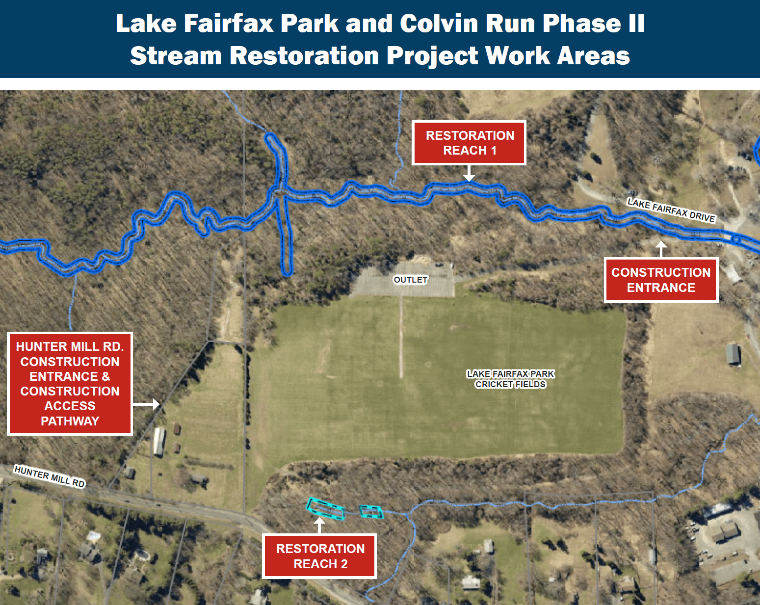 Aerial photomap showing the proposed work areas. Indicated are Hunter Mill Rd Construction Entrance & Construction Access Pathway, Restoration Reach 1, Restoration Reach 2 and Construction Entrance.